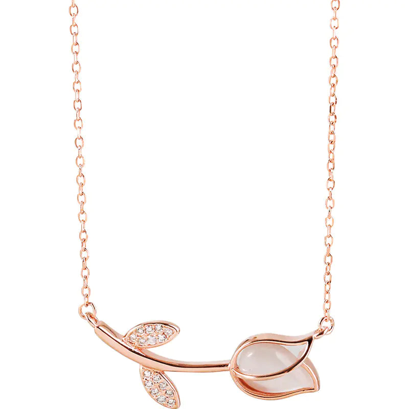 Collar de Tulipán Rosa de Plata de Ley S925 Sencillo